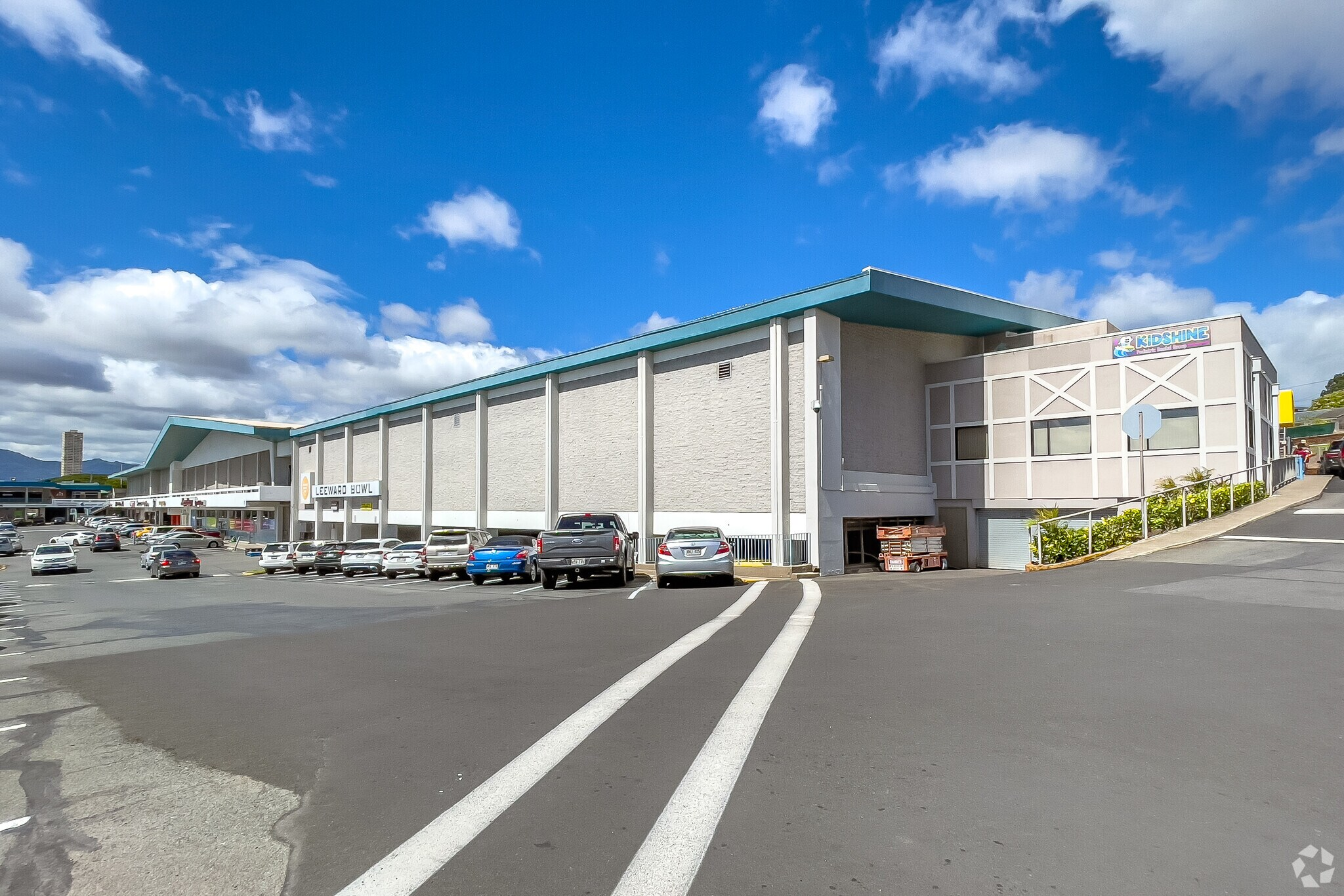 Pearl City Shopping Center exterior, Leeward Bowl storefront and parking lot